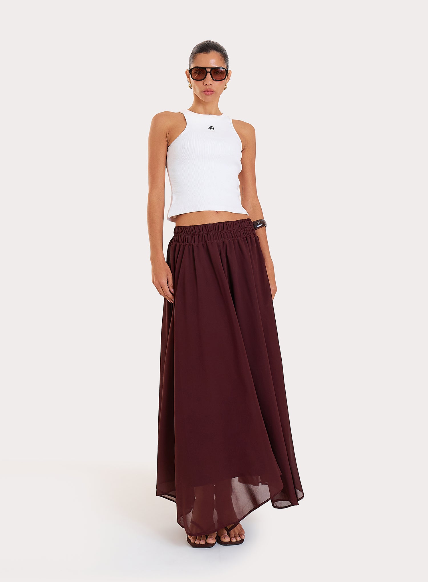 Chocolate Chiffon Asymmetric Hem Maxi Skirt